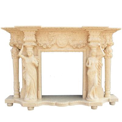 China Traditional Customized Hand Carved Natural Sunset Red French Fireplace Mantel With Figure Statue for sale