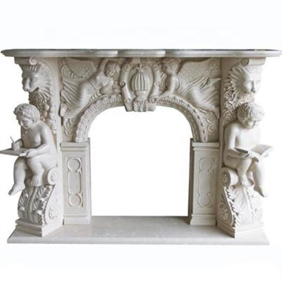 China Customized Traditional European Style Cream Marble Fireplace Mantel With Lady Statue for sale