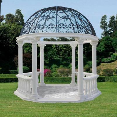 China Modern Customized White Outdoor Marble Statue Gazebo With Metal Roof For Garden Decoration for sale