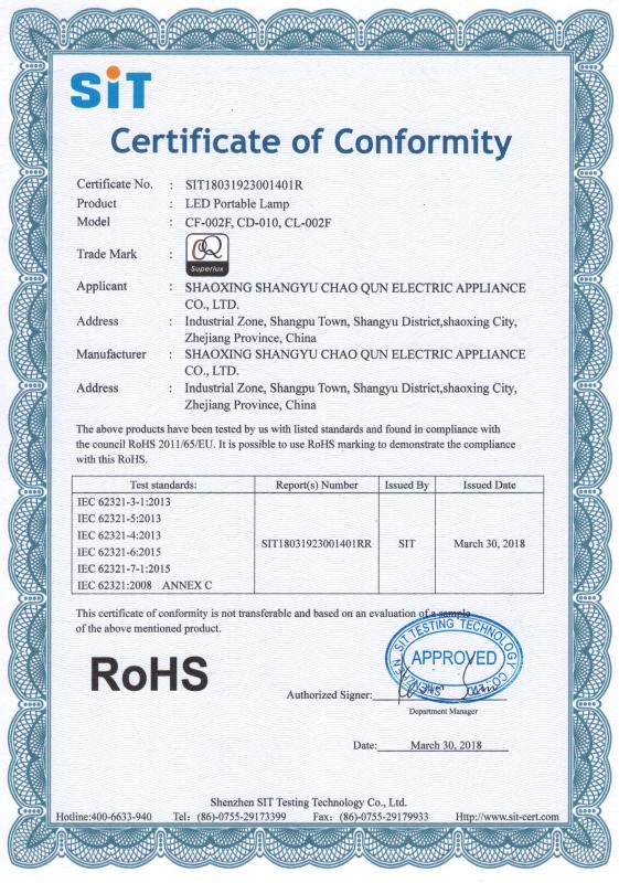 RoHS - Shaoxing Shangyu Chaoqun Electric Appliance Co., Ltd.