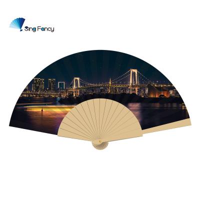 China Beautiful China Night Scene Own Logo Printing Wooden Fabric Folding Fans for sale