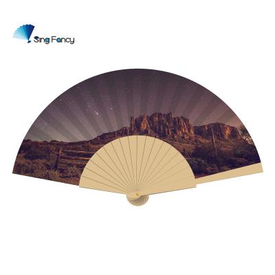 China China's idyllic star adorned beautiful photo hand folding wooden glitter fan for sale