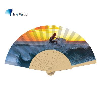 China China Exciting Surfing Club Custom Logo Printing Wooden Hand Held Fan As Souvenir for sale