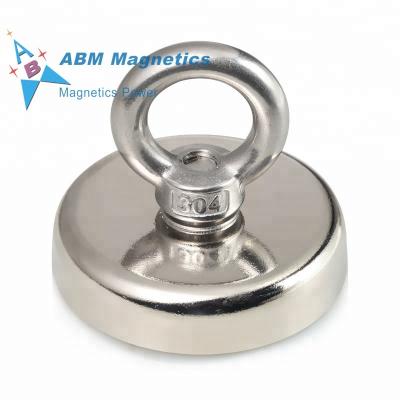 China Industrial Magnet 3.54Inch/90mm/900+ Pounds /1000LBS Pulling Force Neodymium Fishing Pot Magnet With Threaded Shank Eye zu verkaufen