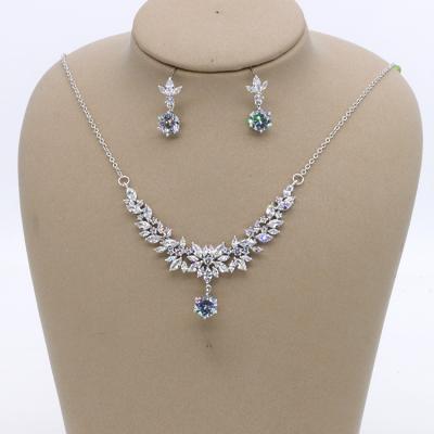 China Wholesale Fashion Colorful Zircon Luxury White Gold Plated Silver Cubic Zircon CZ Pendant Necklace Earring Bridal Jewelry Sets for sale