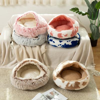 China Cat Cave Bed Calming Viable Fluffy Heating Dog Bed Washable Round Anti-Worry Semi-enclosed Donut Room Cuddler Pet Bed for sale