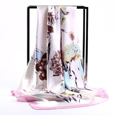 China Wholesale Korean Professional Sunscreen Floral Printing Decoration Gift Fashion Scarves 90cm Silk Square Scarf Large Summer Accessory For Women for sale