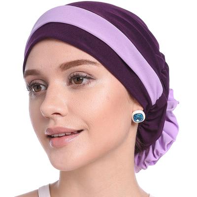 China European American Two Color Stretch Cloth Turban Hat Tracked Flower Muslim Chemo Cap Hat for sale