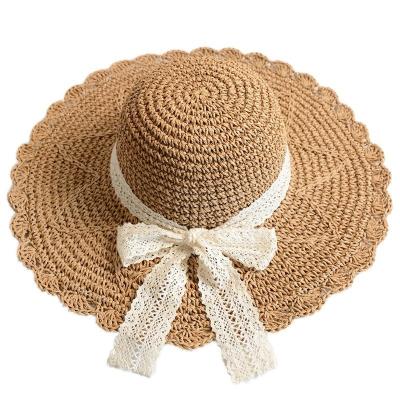 China Bowknot Lace Character Big Eaves Straw Hat Women Folding Seaside Umbrella Fishing Hat for sale