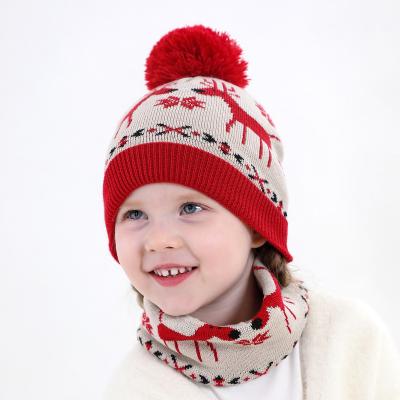 China New Eco-Friendly Christmas Fawn Knitted Jacquard Hat Bib Set for Kids Warmer Pom Pom Beanie Hats for sale