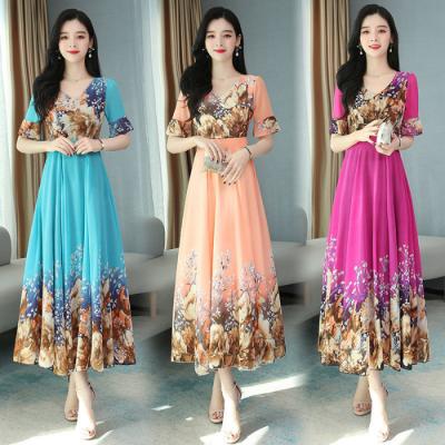 China Breathable Fashion Print V-Neckline, Knee-Length Waistline Elegant Casual Dresses Korean Short Sleeves Maxi Dresses and Slim Bridesmaids Dresses for sale