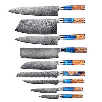 China Professional High Quality Stocked 67 Layer Damascus Steel Kitchen Knives Set With Blue Resin Handle for sale