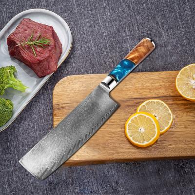 China Sustainable Blue Resin VG10 Damascus Handle Kitchen Nakiri Knife for sale