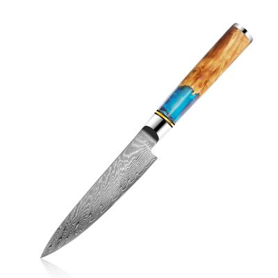 China Amazon Sustainable Hot Selling 5 Inch Japanese Damascus Serving Knife With Blue Resin Handle For Cookware for sale