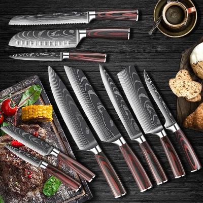 China 10Pcs Damascus Laser Pattern 7Cr17Mov Pakka Disposable High Carbon Wooden Handle Kitchen Knife Set for sale