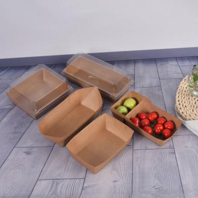 China Disposable Compostable Kraft Paper Boat Open Oil Proof Paper Burger Box with Transparent Lid for sale