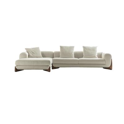 China Armrest Solid Wood Hotel Sofa Modern Design Couch With Fabric Slipcovered Buckle Three Seater Sofa With Chaise Longue For Living for sale