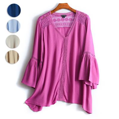 China 2020 Hot Sale Women's Breathable V-Neckline Breathable Tops Ladies Hollow Out Sleeve Tops Womens Summer Blouse Casual Clothes Hey for sale