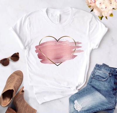 China Anti Wrinkle Anti Wrinkle Heart Flower Printed Round Casual Low Neck T Shirts Ladies T Shirts Love Graphic Short Sleeve Ladies Camisetas Tees for sale