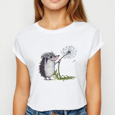 China Summer Anti Wrinkle Hedgehog And Dandelion Print Spring Camisetas Graphic Tees Loose Female Graphic Tees Tee for sale