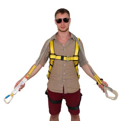 China Adjustable Full Polyester Fall Protection Seat Belt Body Safety Harness CE Standard With 2 Hooks Double Lanyard for sale