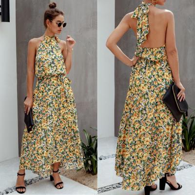 China 2020 new fashion style summer dresses anti-static wholesale women flower printing sleeveless beach maxi dress for sale