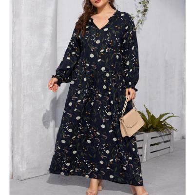 China ZC00761 2021Autumn new style anti-static V-neck casual plus size dress holiday style cotton and long canvas print dresses for sale