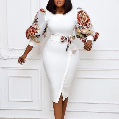 China Autumn ZC00797 Wholesale Anti-Static Plus Size Mid Length Skirt Mid Length Skirt Printing Dress Package Waist White Slim Ladies Dresses for sale