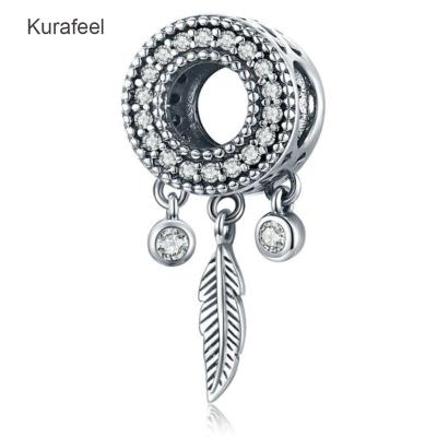 China New Lady Glamor Shiny Feather METAL Dangle Bead Making Zircon Embellishment Beaded Bracelet Necklace 925 Silver Accessories for sale