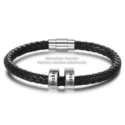 China Simple Casual/Sporty Men's Father's Day Braided Leather Rope Bracelet with 2 Custom 925 Silver Beads Engraved Name Black Leather Rope Bracelet for sale