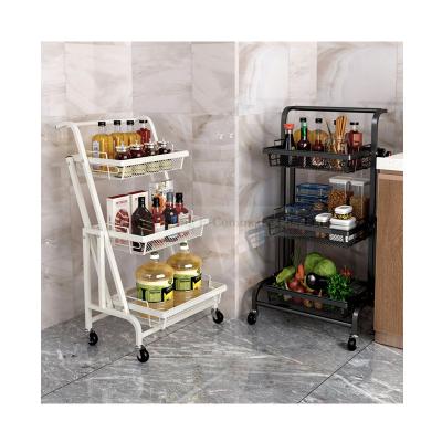 China Sustainable Kitchen Mobile Carts Vegetable Fruit Storage Seasoning Baskets 3 Layers Carbon Steel Foldable Shelf for sale