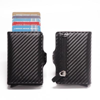 China RFID Card Holder Men Automatic Carbon Fiber Aluminum Noise Slim Wallet RFID Blocking Collectible Card Holder for sale