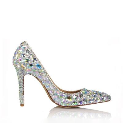 China Breathable Rhinestone Shoes Custom High Heels Pointed Toe Closed Toe Stilletoes High Heeled White for sale