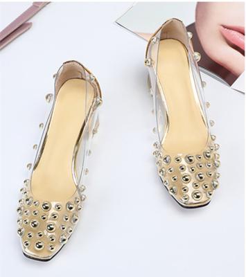 China Woman Anti-slippery Sandals Shoes Transparent Ladies Dress Square Slip On Suqare Thick Heel Rivets Pumps for sale