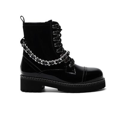 China Breathable Cheap Matte Black Moto Biker Chunky Chain Boots Slip On Boots for sale