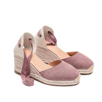 China Anti-Smell Classic Sneakers Shoes Fashion Genuine Leather Ankle Tie Wedges Sandals Around Toe Jute Sole Espadrilles for sale