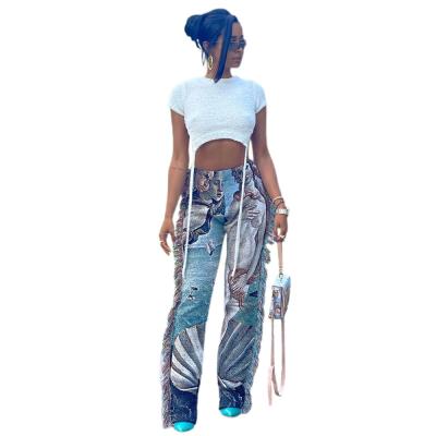 China 2021 New Arrival Breathable Human Image Printing Tassel Side Splicing Casual Streetwear Women Pants Ocean Bottom for sale