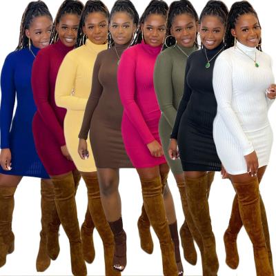 China New Arrival Breathable Fashion Sweat Long Sleeve Maxi Bodycon Dresses Ladies Turtleneck Ribbed Casual Autumn Dress for sale