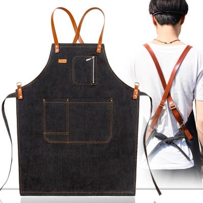 China Adjustable Neck Strap Cleaning Cross Back Customized Logo Apron With Pockets Chef Cooking Kitchen Denim Bartender Work Apron For Men for sale