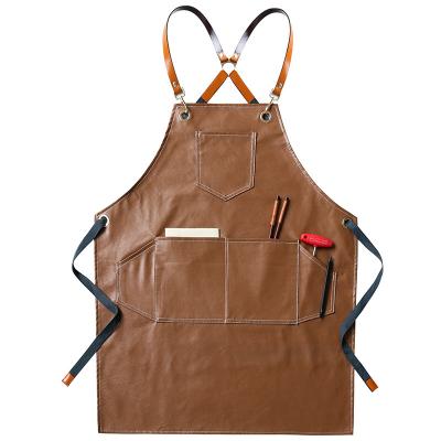 China Fashion Custom High End Vintage Brown Black Leather Cleaning Apron With Leather Belt Carpenter Barber Kitchen GRILL Cross Back Apron for sale