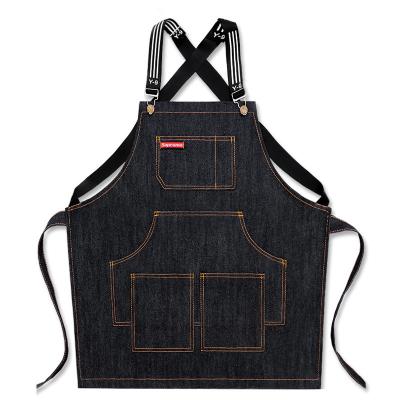 China Custom Unisex Bartender Cleaning Denim Waiter Apron Vintage Black Blue Jeans Restaurant Cafe Bartender For Men for sale