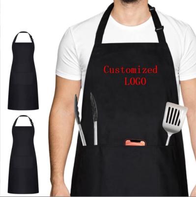 China Custom Made Plain Long Bib Adjustable Cleaning Water Resistant Printed Logo 2 Pocket Black Polyester Cotton Cooking Kitchen Apron for sale