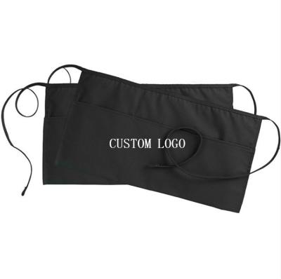 China Customized Customized High Quality Black Logo Waitress Utility Waist Cleaning Apron Black Half Short Aprons With Pocket for sale