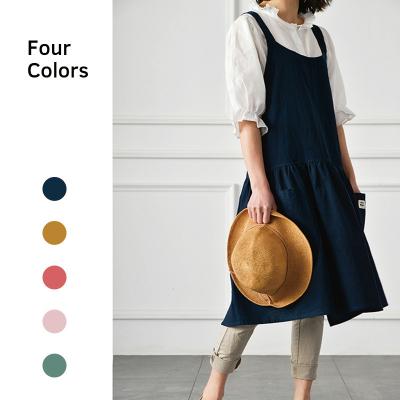 China Fashion Painting Japanese Cotton Canvas Waterproof Cross Bib Apron 100% Back Cleaning Gardening Dress For Women With Pockets Waist Ties for sale