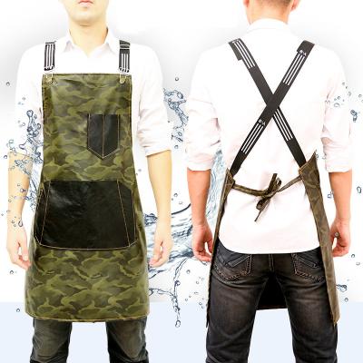 China High Quality Waterproof Leather Aprons Heat Resistance BBQ Cleaning Cross Back Kitchen Cooking Barber Apron For Men for sale