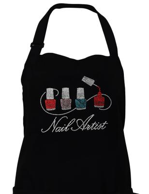 China Crystal Beauty Salon Apron Soft Crystal Diamond Waterproof Cotton Nail Cleaning Canvas Apron Custom Made For Salon Black Apron for sale