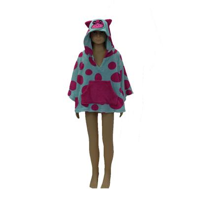 China Coral kids hot sale thermal polyester fleece bathrobe and winter kids poncho with ear and embroider on the hood for sale