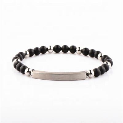 China FASHIONABLE Engraved Stainless Men Women's Natural Stone Logo Beads Custom Agate Black Steel Bar Bracelet for sale