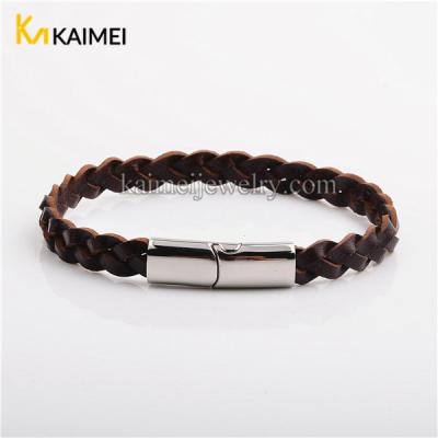 China Stainless Steel Mens Real Organic Leather Magnetic Leather Bracelet for sale