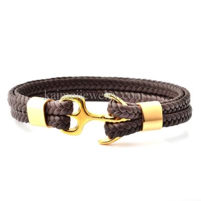 China FASHIONABLE High End Personalized S.Steel Gold Plated Braided Genuine Leather Men's Bracelet Bangle Gift for sale